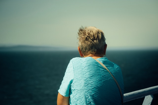 photo of the back of a woman leaning on a railing looking out over a body of water