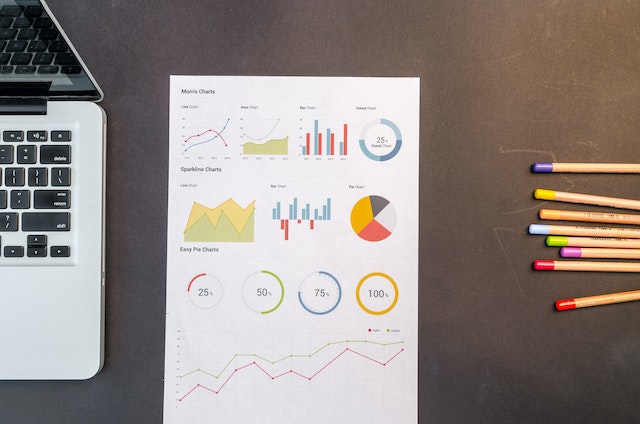 photo of paper with charts in different colours with a laptop and coloured pencils in the background